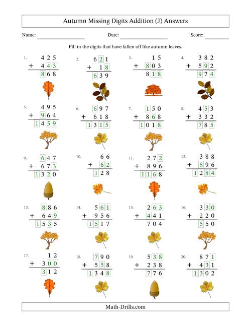 The Autumn Missing Digits Addition (Easier Version) (J) Math Worksheet Page 2