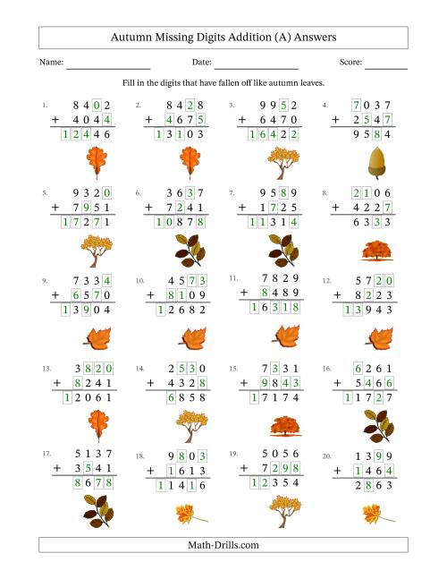 The Autumn Missing Digits Addition (Harder Version) (A) Math Worksheet Page 2