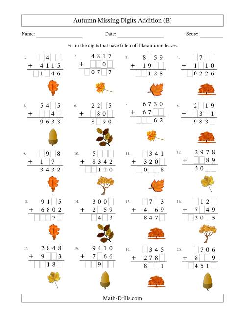 The Autumn Missing Digits Addition (Harder Version) (B) Math Worksheet