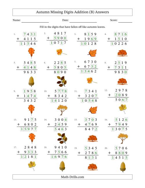 The Autumn Missing Digits Addition (Harder Version) (B) Math Worksheet Page 2