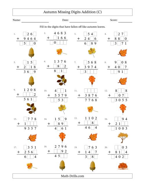 The Autumn Missing Digits Addition (Harder Version) (C) Math Worksheet