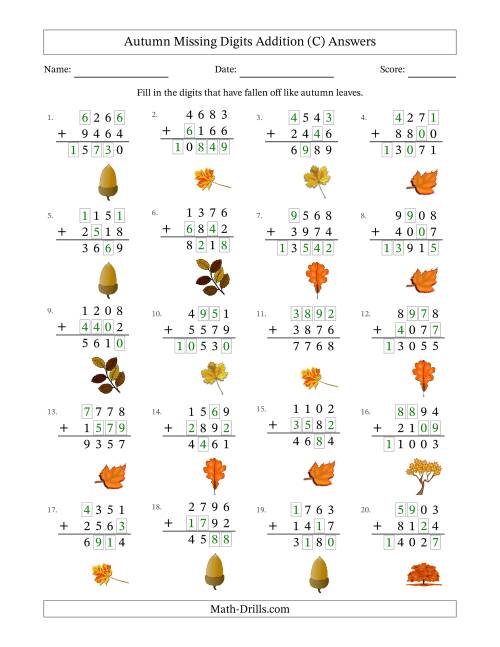 The Autumn Missing Digits Addition (Harder Version) (C) Math Worksheet Page 2