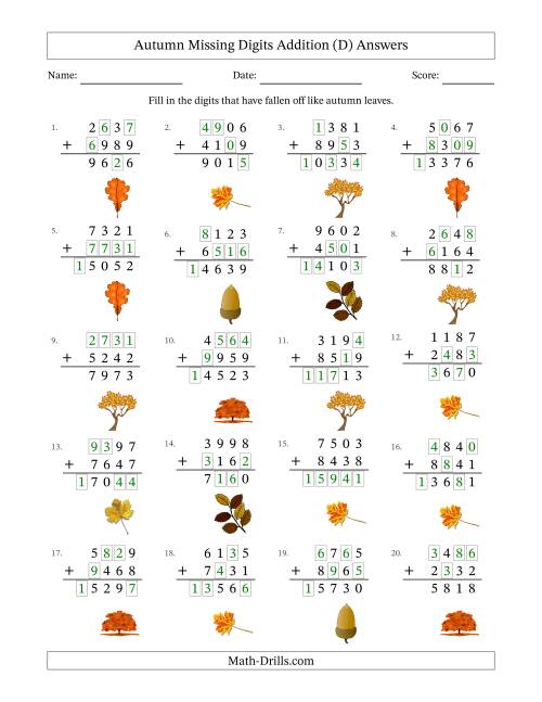 The Autumn Missing Digits Addition (Harder Version) (D) Math Worksheet Page 2