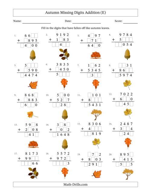 The Autumn Missing Digits Addition (Harder Version) (E) Math Worksheet
