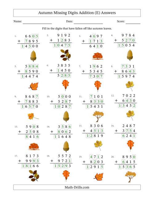 The Autumn Missing Digits Addition (Harder Version) (E) Math Worksheet Page 2