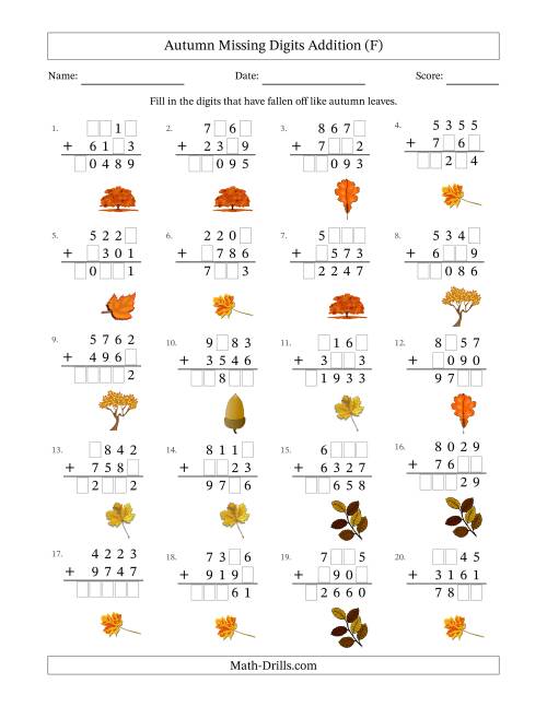 The Autumn Missing Digits Addition (Harder Version) (F) Math Worksheet