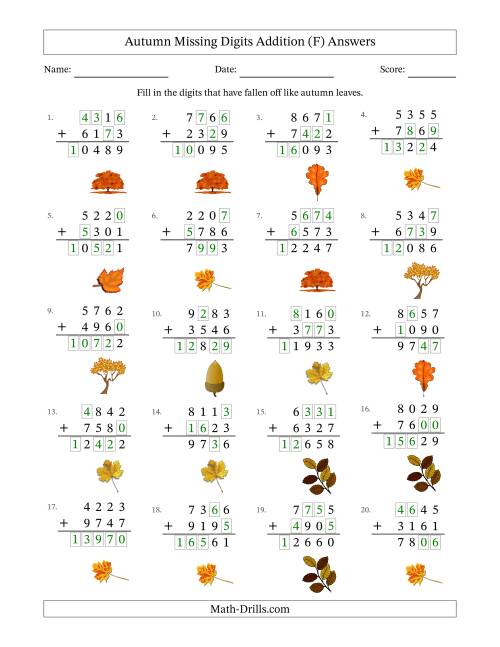 The Autumn Missing Digits Addition (Harder Version) (F) Math Worksheet Page 2