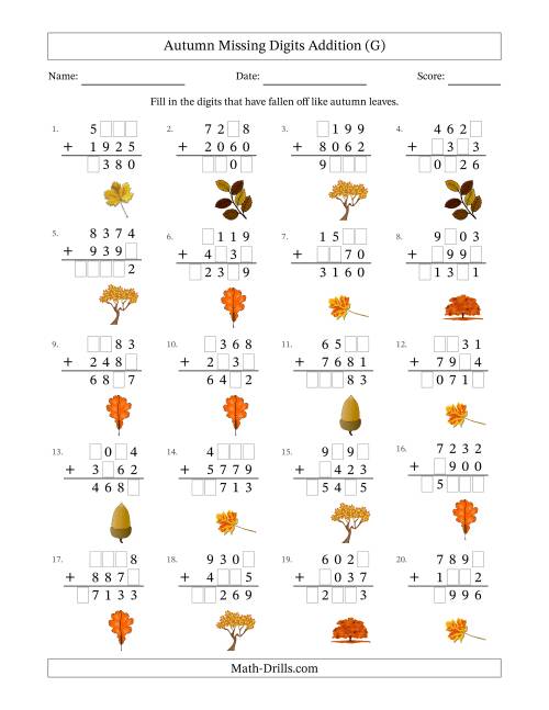 The Autumn Missing Digits Addition (Harder Version) (G) Math Worksheet