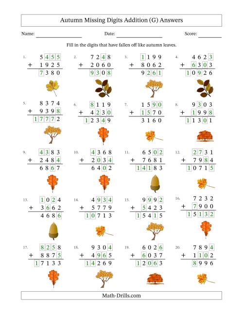 The Autumn Missing Digits Addition (Harder Version) (G) Math Worksheet Page 2