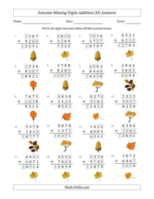 The Autumn Missing Digits Addition (Harder Version) (H) Math Worksheet Page 2