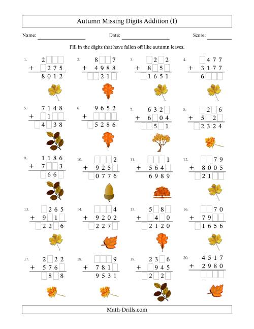 The Autumn Missing Digits Addition (Harder Version) (I) Math Worksheet