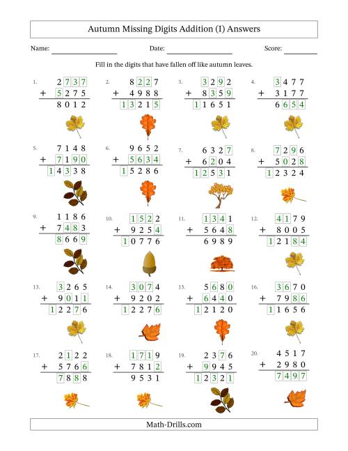 The Autumn Missing Digits Addition (Harder Version) (I) Math Worksheet Page 2