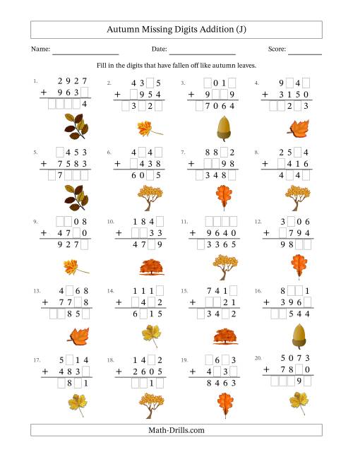 The Autumn Missing Digits Addition (Harder Version) (J) Math Worksheet