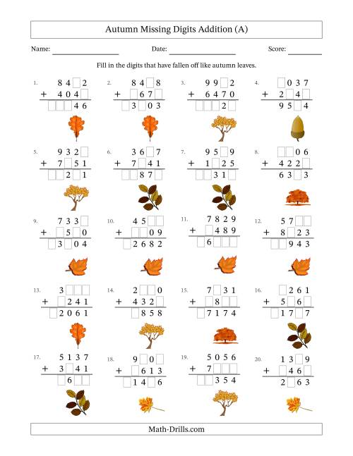The Autumn Missing Digits Addition (Harder Version) (All) Math Worksheet