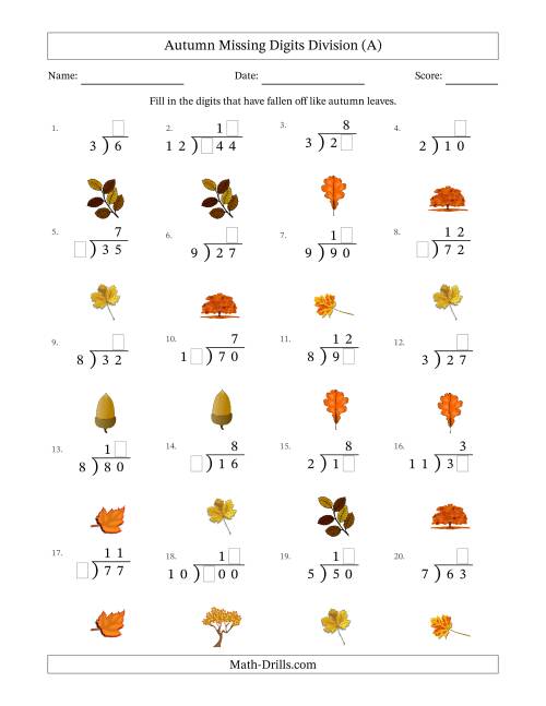 The Autumn Missing Digits Division (Easier Version) (A) Math Worksheet