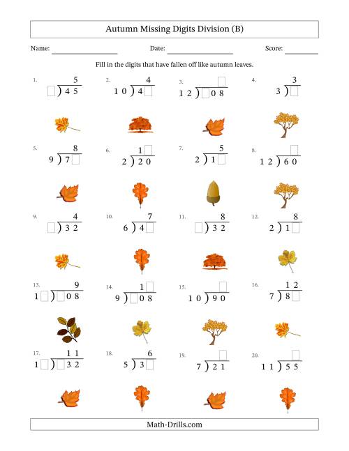 The Autumn Missing Digits Division (Easier Version) (B) Math Worksheet