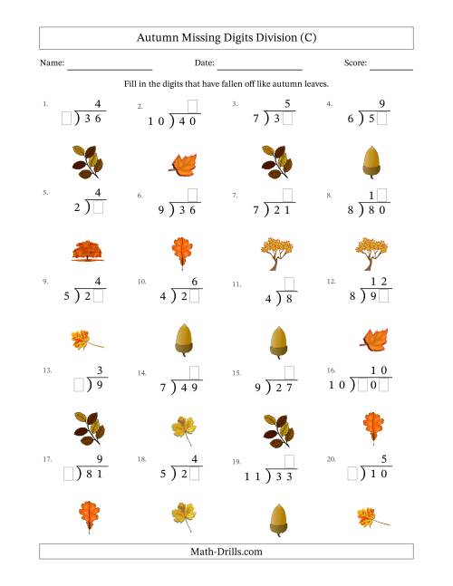 The Autumn Missing Digits Division (Easier Version) (C) Math Worksheet