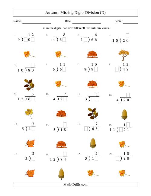 The Autumn Missing Digits Division (Easier Version) (D) Math Worksheet