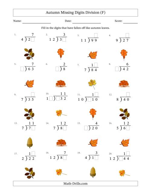 The Autumn Missing Digits Division (Easier Version) (F) Math Worksheet