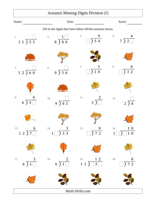 The Autumn Missing Digits Division (Easier Version) (I) Math Worksheet