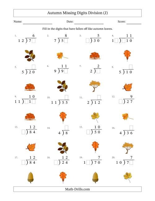 The Autumn Missing Digits Division (Easier Version) (J) Math Worksheet