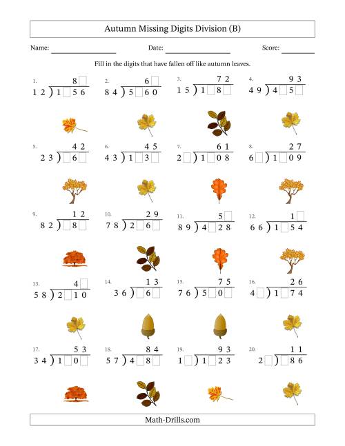 The Autumn Missing Digits Division (Harder Version) (B) Math Worksheet