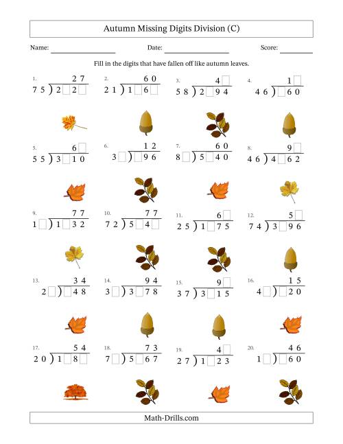 The Autumn Missing Digits Division (Harder Version) (C) Math Worksheet