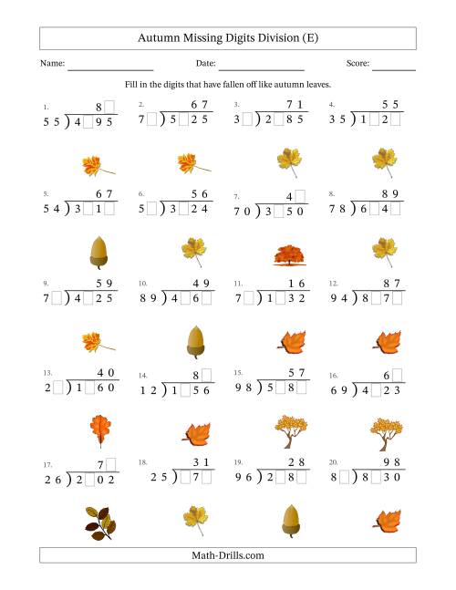 The Autumn Missing Digits Division (Harder Version) (E) Math Worksheet