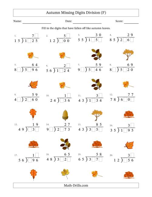 The Autumn Missing Digits Division (Harder Version) (F) Math Worksheet