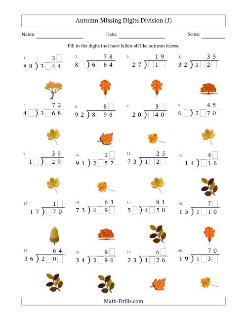 The Autumn Missing Digits Division (Harder Version) (J) Math Worksheet
