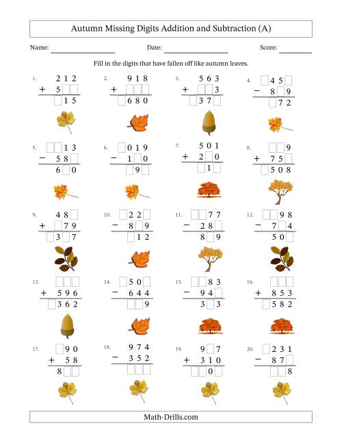 The Autumn Missing Digits Addition and Subtraction (Easier Version) (A) Math Worksheet