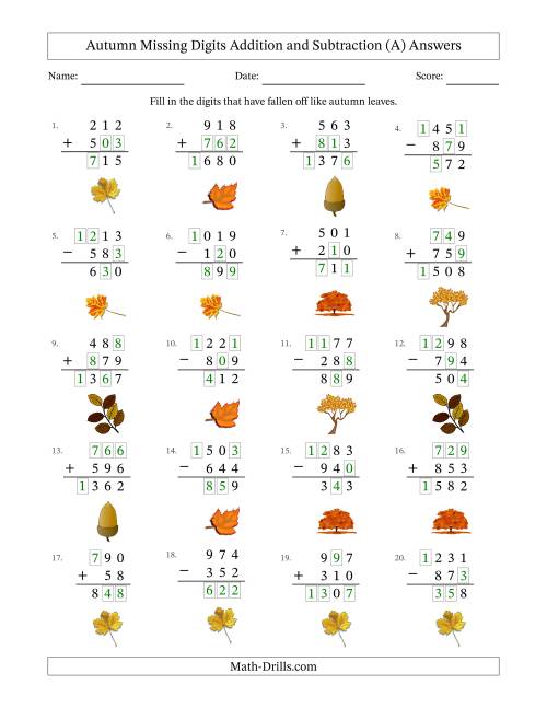 The Autumn Missing Digits Addition and Subtraction (Easier Version) (A) Math Worksheet Page 2