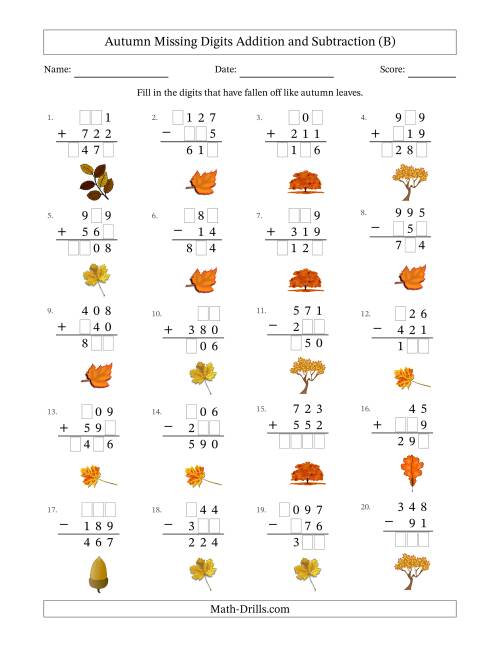 The Autumn Missing Digits Addition and Subtraction (Easier Version) (B) Math Worksheet