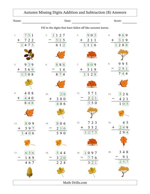 The Autumn Missing Digits Addition and Subtraction (Easier Version) (B) Math Worksheet Page 2