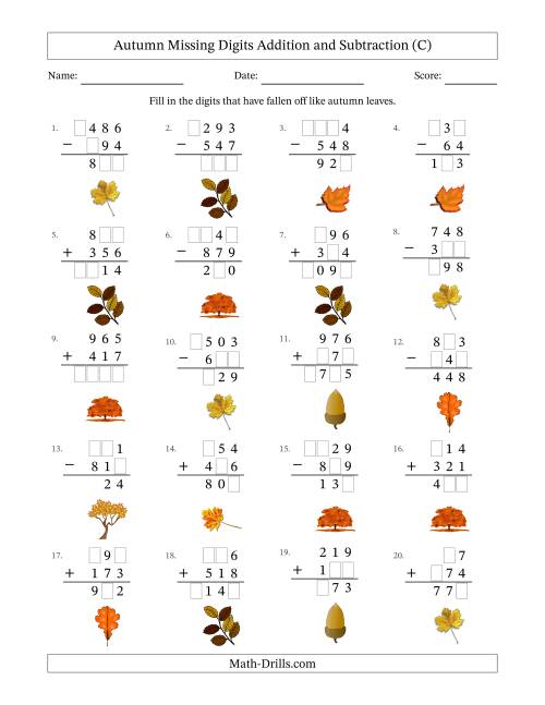 The Autumn Missing Digits Addition and Subtraction (Easier Version) (C) Math Worksheet
