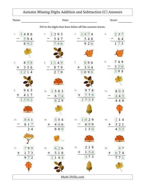 The Autumn Missing Digits Addition and Subtraction (Easier Version) (C) Math Worksheet Page 2
