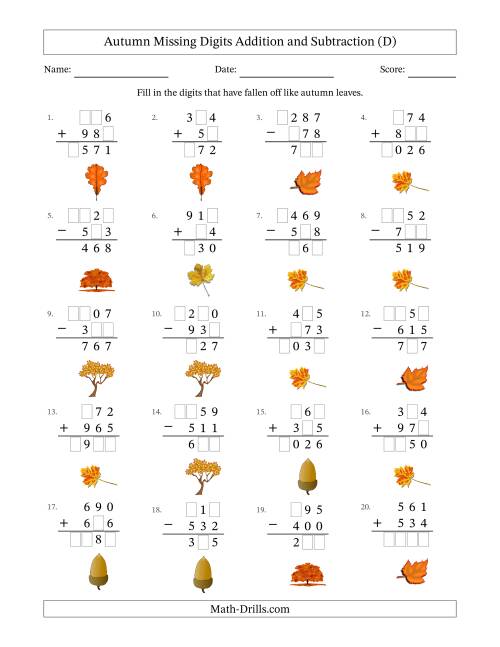 The Autumn Missing Digits Addition and Subtraction (Easier Version) (D) Math Worksheet