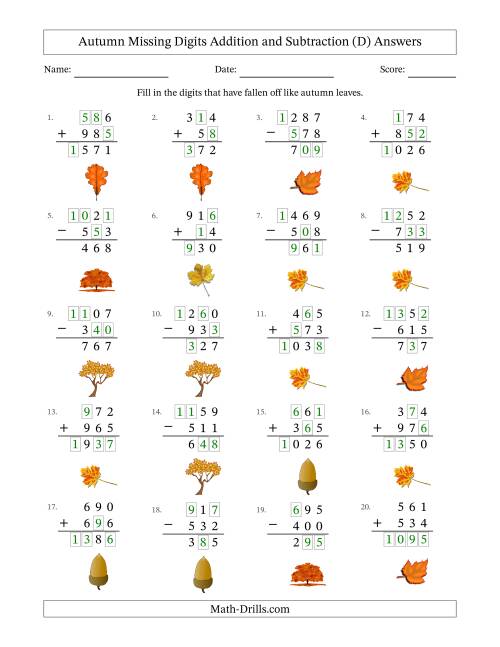 The Autumn Missing Digits Addition and Subtraction (Easier Version) (D) Math Worksheet Page 2