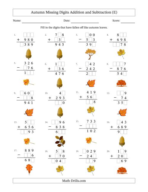 The Autumn Missing Digits Addition and Subtraction (Easier Version) (E) Math Worksheet