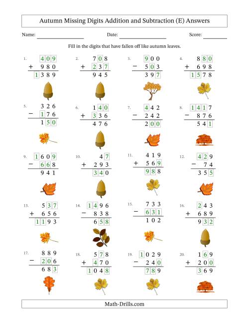 The Autumn Missing Digits Addition and Subtraction (Easier Version) (E) Math Worksheet Page 2