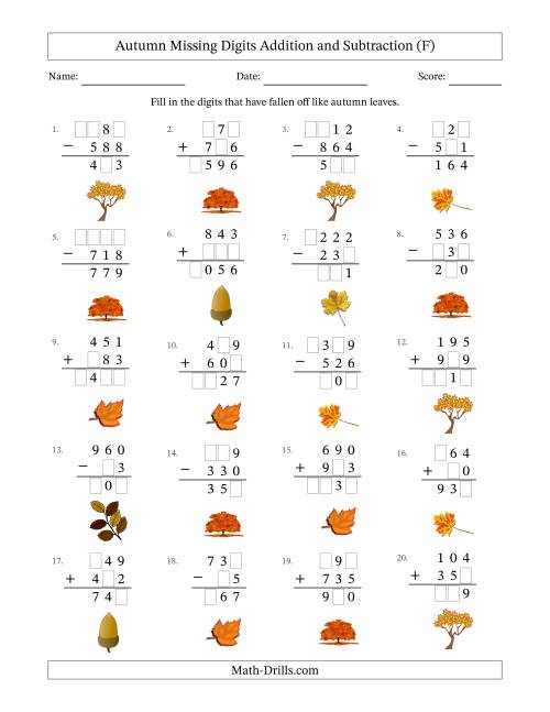 The Autumn Missing Digits Addition and Subtraction (Easier Version) (F) Math Worksheet