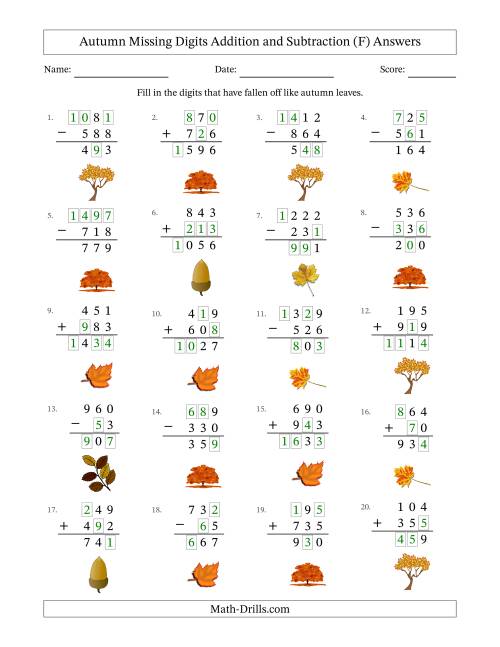 The Autumn Missing Digits Addition and Subtraction (Easier Version) (F) Math Worksheet Page 2
