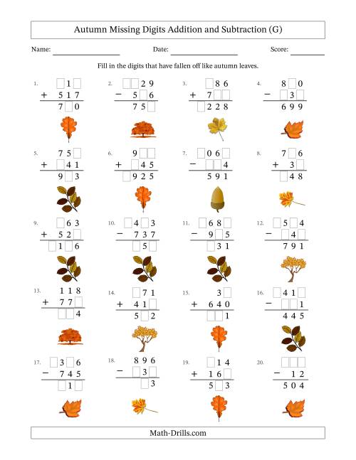 The Autumn Missing Digits Addition and Subtraction (Easier Version) (G) Math Worksheet