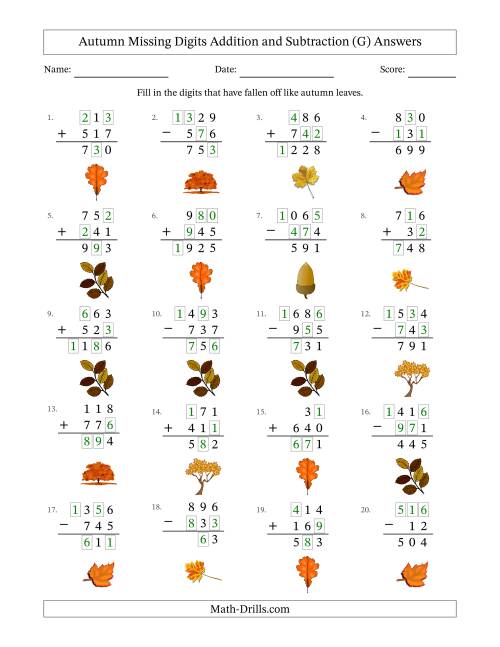 The Autumn Missing Digits Addition and Subtraction (Easier Version) (G) Math Worksheet Page 2