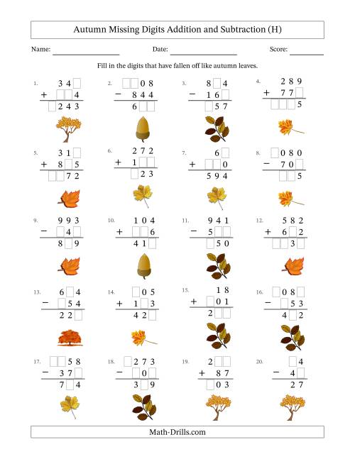 The Autumn Missing Digits Addition and Subtraction (Easier Version) (H) Math Worksheet