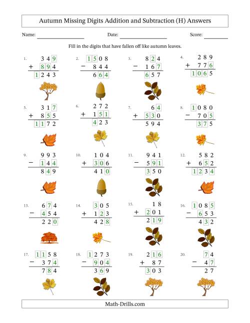 The Autumn Missing Digits Addition and Subtraction (Easier Version) (H) Math Worksheet Page 2
