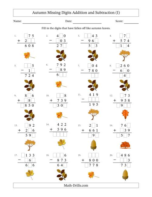 The Autumn Missing Digits Addition and Subtraction (Easier Version) (I) Math Worksheet