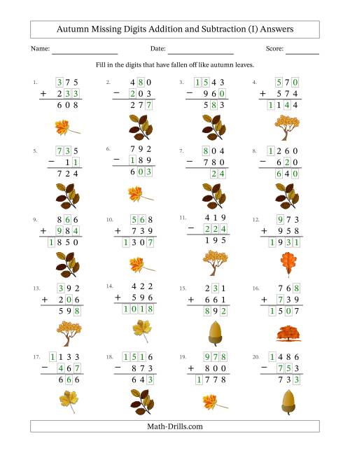The Autumn Missing Digits Addition and Subtraction (Easier Version) (I) Math Worksheet Page 2