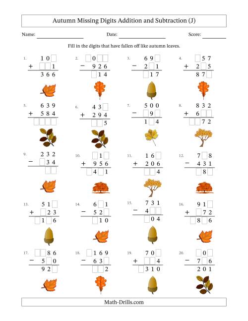 The Autumn Missing Digits Addition and Subtraction (Easier Version) (J) Math Worksheet