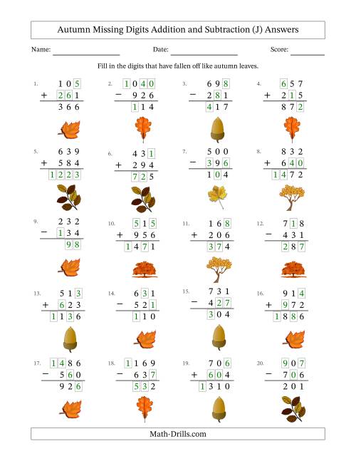 The Autumn Missing Digits Addition and Subtraction (Easier Version) (J) Math Worksheet Page 2